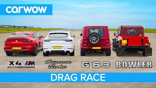 BMW X4M v AMG G63 v Cayenne Turbo v Bowler Bulldog V8  DRAG RACE ROLLING RACE amp BRAKE TEST [upl. by Yearwood]