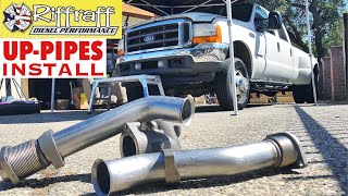 2001 F350 73  RiffRaff UpPipes Install  Stock up pipes leaking and falling apart JUNK SP [upl. by Nylak329]